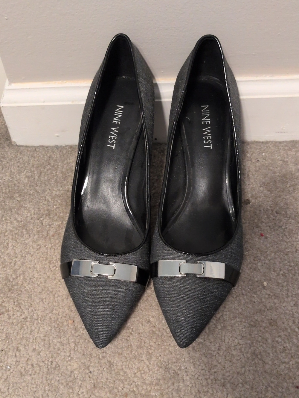 Nine West Charcoal Pointed Toe Flats with Silver Accent
